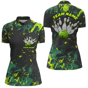 Black And Green Camo Bowling Team Shirts Custom Women Quarter Zip Bowling League Shirts IPHW5364