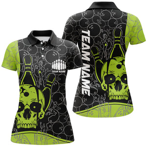 Custom Skull Bowling Shirts For Women, Green Bowling Team Jerseys Bowling Polo Shirt IPHW5839