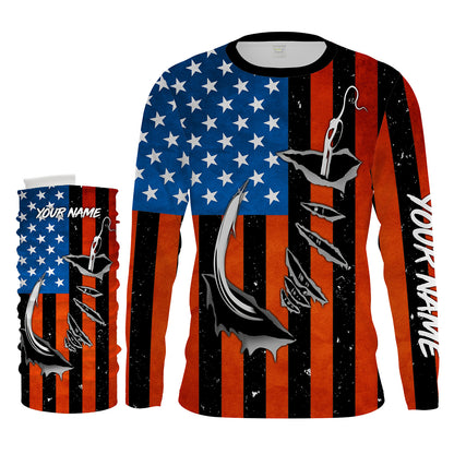 Personalized American Flag Fishing Shirts, Patriotic Fish hook Long sleeve performance Fishing Shirts - IPHW1542