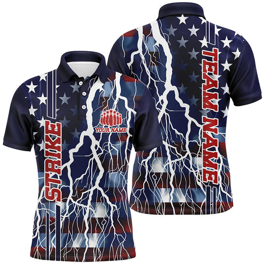 Custom American Flag Thunder Lightning Strike Bowling Team Shirts, Patriotic Unisex Bowling Jersey IPHW6021