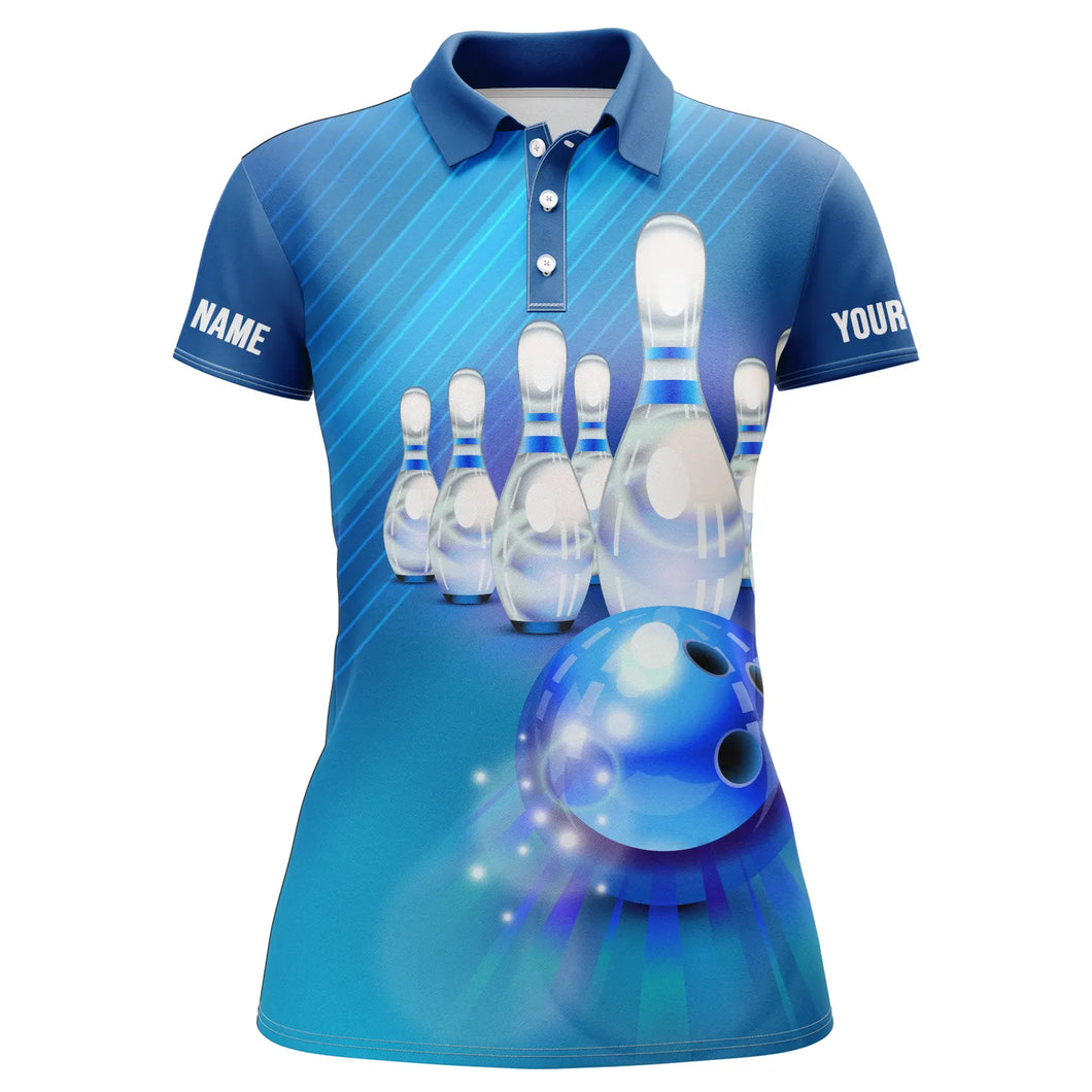 Custom Blue Bowling Shirts For Women, Bowling Balls And Pins Jerseys For Girls IPHW4176