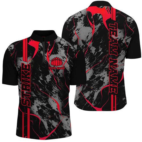 Custom Red Strike Bowling Shirts Men Quarter Zip Red Camo Bowling Team Jerseys Bowling League IPHW5382