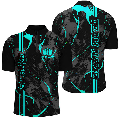 Custom Cyan Blue Strike Bowling Shirts Men Quarter Zip Camo Bowling Team Jerseys Bowling League IPHW5383