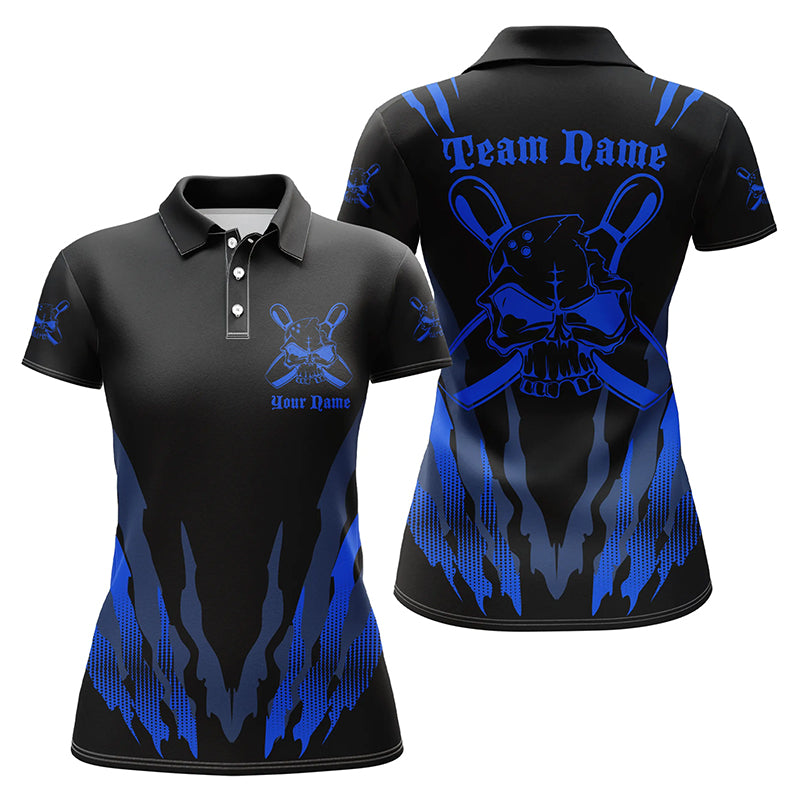 Custom Bowling Shirts For Women, Skull Bowling Team Shirts Bowling Pin | Blue IPHW4482