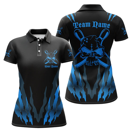 Custom Bowling Shirts For Women, Skull Bowling Team Shirts Bowling Pin | Blue IPHW4483
