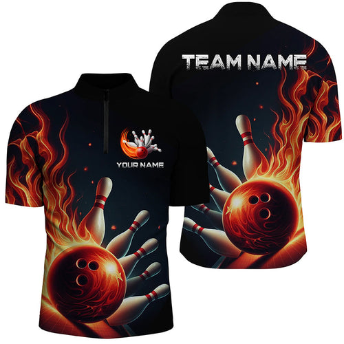 Personalized Red Flame Bowling Quarter Zip Shirts For Men And Women Bowling Team Jerseys IPHW5405