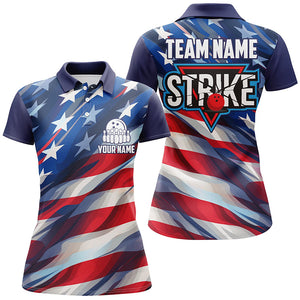 Custom American Flag Strike Bowling Polo Shirts For Women, Patriotic Bowling Team Jerseys IPHW5265