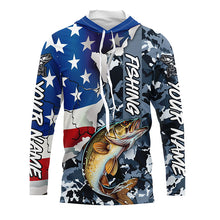 Load image into Gallery viewer, Custom American Flag Walleye Fishing Long Sleeve Shirts, Patriotic Camo Walleye Fishing Jerseys IPHW6104