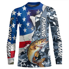 Load image into Gallery viewer, Custom American Flag Walleye Fishing Long Sleeve Shirts, Patriotic Camo Walleye Fishing Jerseys IPHW6104