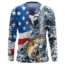 Load image into Gallery viewer, Custom American Flag Walleye Fishing Long Sleeve Shirts, Patriotic Camo Walleye Fishing Jerseys IPHW6104