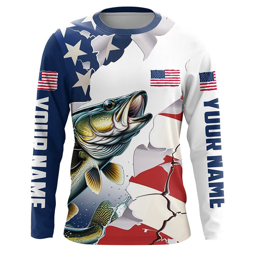 Personalized American Flag Walleye Fishing Long Sleeve Shirts, Patriotic Walleye Fishing Jerseys IPHW6107