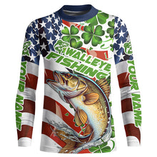 Load image into Gallery viewer, Personalized St Patrick&#39;S Day Walleye Long Sleeve Fishing Shirts, Patriotic Walleye Fishing Jerseys IPHW5900