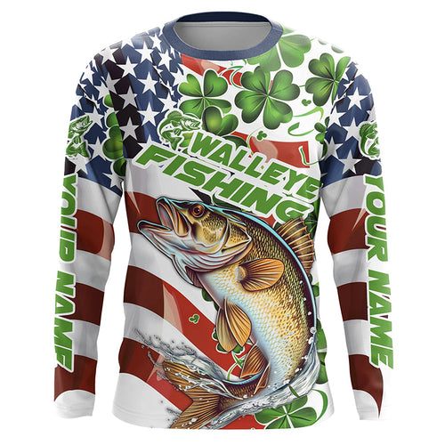 Personalized St Patrick'S Day Walleye Long Sleeve Fishing Shirts, Patriotic Walleye Fishing Jerseys IPHW5900