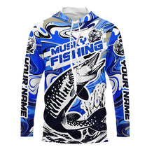 Load image into Gallery viewer, Custom Musky Long Sleeve Tournament Fishing Shirts, Water Camo Muskie Fishing Jerseys | Blue IPHW6139