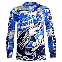 Load image into Gallery viewer, Custom Musky Long Sleeve Tournament Fishing Shirts, Water Camo Muskie Fishing Jerseys | Blue IPHW6139