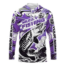 Load image into Gallery viewer, Custom Musky Long Sleeve Tournament Fishing Shirts, Water Camo Muskie Fishing Jerseys | Purple IPHW6164