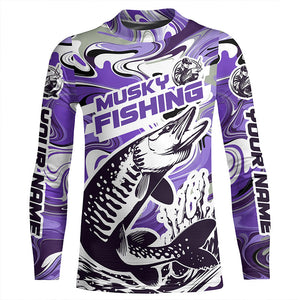 Custom Musky Long Sleeve Tournament Fishing Shirts, Water Camo Muskie Fishing Jerseys | Purple IPHW6164