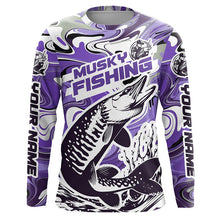 Load image into Gallery viewer, Custom Musky Long Sleeve Tournament Fishing Shirts, Water Camo Muskie Fishing Jerseys | Purple IPHW6164