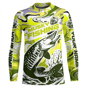 Custom Musky Long Sleeve Tournament Fishing Shirts, Water Camo Muskie Fishing Jerseys | Yellow IPHW6167