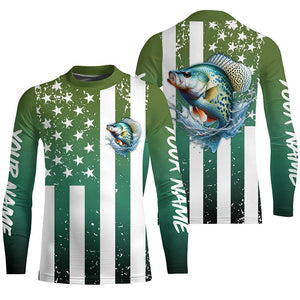 Custom Crappie Long Sleeve Tournament Fishing Shirts, Grunge American Flag Patriotic Fishing Shirts IPHW5603