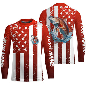 Custom Redfish Long Sleeve Tournament Fishing Shirts, Grunge American Flag Patriotic Fishing Shirts IPHW5604