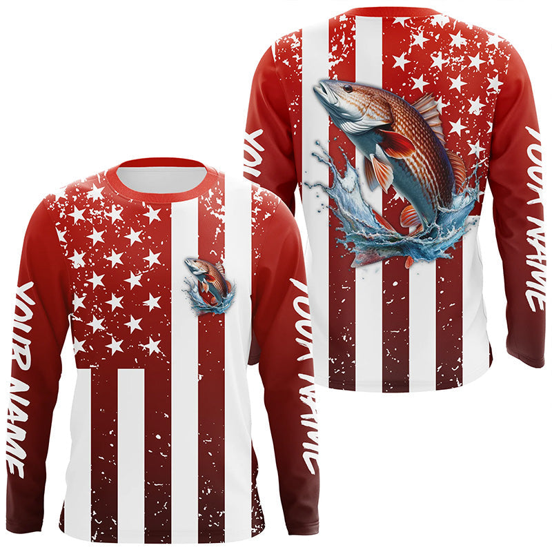 Custom Redfish Long Sleeve Tournament Fishing Shirts, Grunge American Flag Patriotic Fishing Shirts IPHW5604