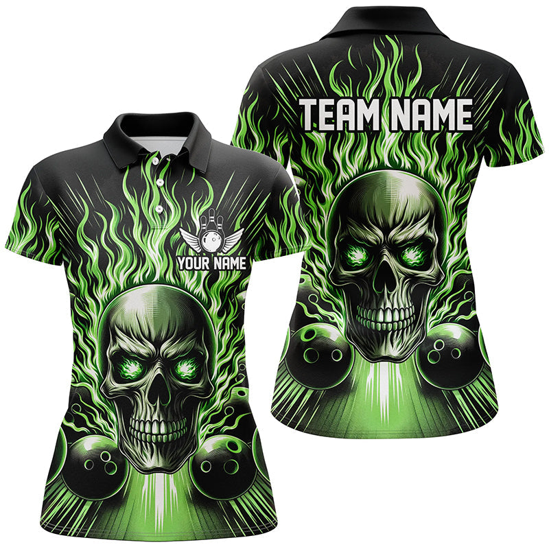 Personalized Skull Bowling Shirt For Women Custom Team'S Name Flame Bowler Jerseys | Green IPHW5819