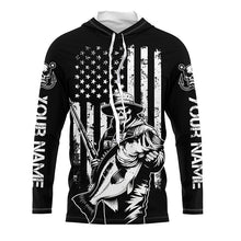 Load image into Gallery viewer, Black And White American Flag Bass Fisherman Custom Skull Fishing Shirts, Patriotic Fishing Jerseys IPHW5648