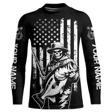 Load image into Gallery viewer, Black And White American Flag Bass Fisherman Custom Skull Fishing Shirts, Patriotic Fishing Jerseys IPHW5648