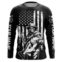 Load image into Gallery viewer, Black And White American Flag Bass Fisherman Custom Skull Fishing Shirts, Patriotic Fishing Jerseys IPHW5648