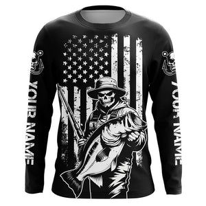 Black And White American Flag Bass Fisherman Custom Skull Fishing Shirts, Patriotic Fishing Jerseys IPHW5648