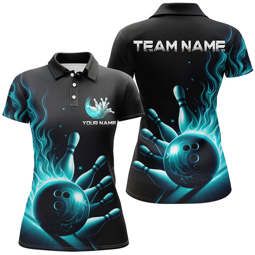 Personalized Blue Flame Bowling Polo Shirts For Women Bowling Team Jerseys Strike Bowling IPHW5822