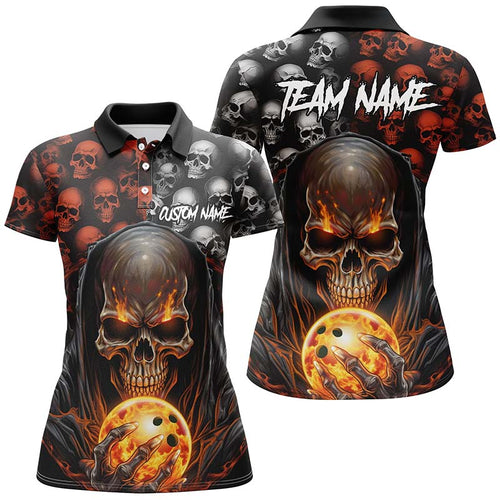 Custom Skull Bowling Womens Polo Shirts Bowling League Team Jerseys Halloween Outfits IPHW5346