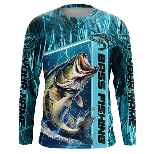 Custom Teal Blue Camo Bass Long Sleeve Tournament Fishing Shirts, Bass Fishing Jerseys IPHW5826