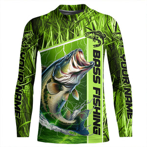 Custom Green Camo Bass Long Sleeve Tournament Fishing Shirts, Bass Fishing Jerseys IPHW5827