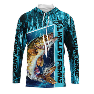 Custom Teal Blue Camo Walleye Long Sleeve Tournament Fishing Shirts, Walleye Fishing Jerseys IPHW5828