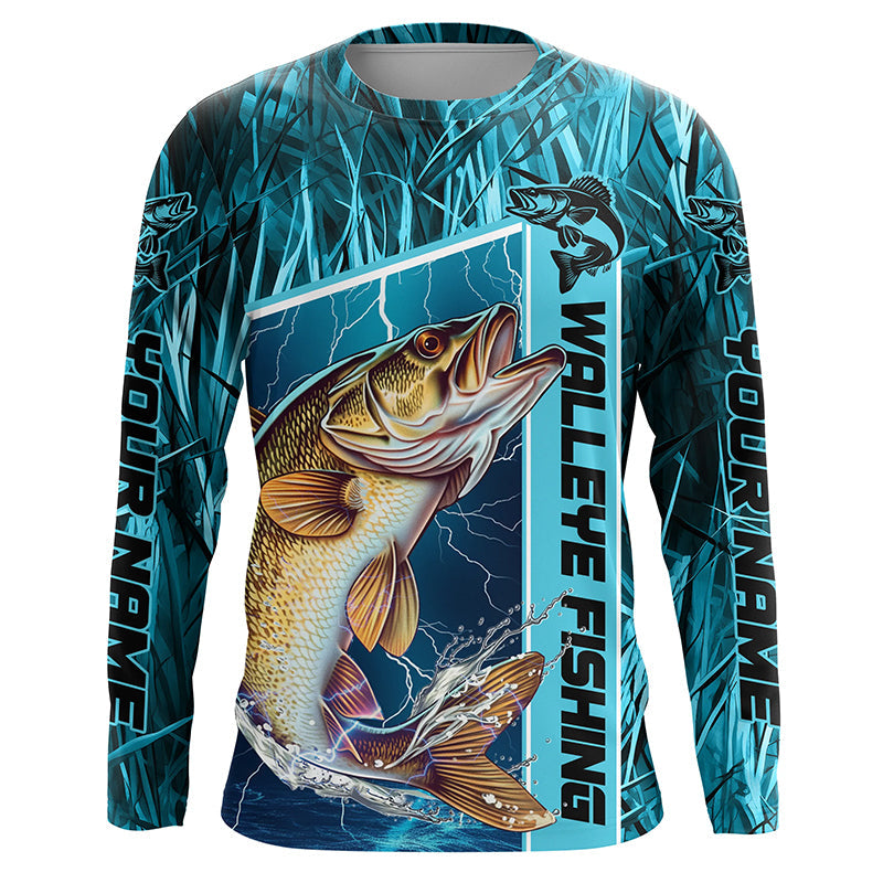 Custom Teal Blue Camo Walleye Long Sleeve Tournament Fishing Shirts, Walleye Fishing Jerseys IPHW5828