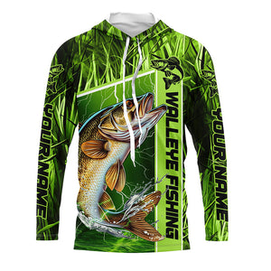 Custom Green Camo Walleye Long Sleeve Tournament Fishing Shirts, Walleye Fishing Jerseys IPHW5829