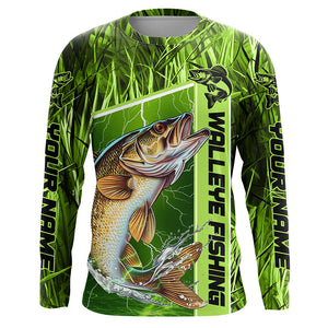 Custom Green Camo Walleye Long Sleeve Tournament Fishing Shirts, Walleye Fishing Jerseys IPHW5829