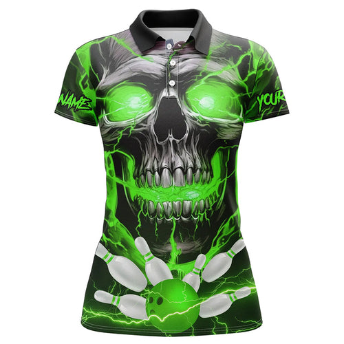 Custom Green Thunder Lightning Skull Bowling Team Jerseys Women Polo Shirts Bowling League IPHW5368