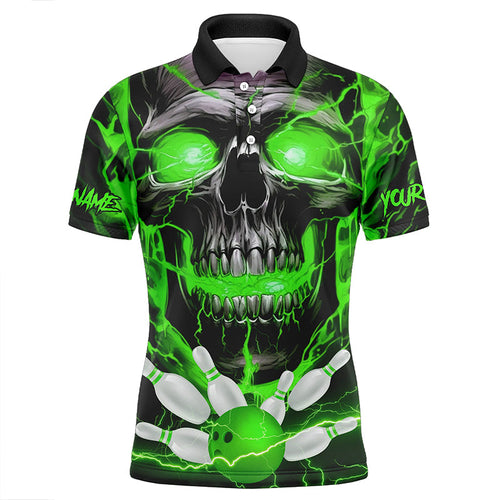 Custom Green Thunder Lightning Skull Bowling Team Jerseys Men Polo Shirts Bowling League Shirts IPHW5368