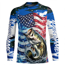 Load image into Gallery viewer, Custom American Flag Bass Long Sleeve Fishing Shirts, Patriotic Blue Camo Bass Fishing Jerseys IPHW6006