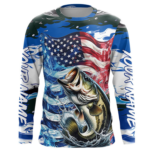 Custom American Flag Bass Long Sleeve Fishing Shirts, Patriotic Blue Camo Bass Fishing Jerseys IPHW6006