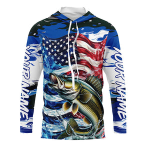 Custom American Flag Walleye Long Sleeve Fishing Shirts, Patriotic Blue Camo Walleye Fishing Jerseys IPHW6007