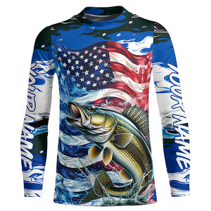 Custom American Flag Walleye Long Sleeve Fishing Shirts, Patriotic Blue Camo Walleye Fishing Jerseys IPHW6007