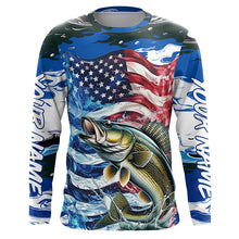 Load image into Gallery viewer, Custom American Flag Walleye Long Sleeve Fishing Shirts, Patriotic Blue Camo Walleye Fishing Jerseys IPHW6007