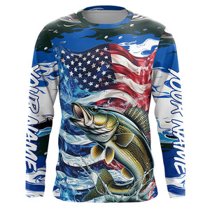 Custom American Flag Walleye Long Sleeve Fishing Shirts, Patriotic Blue Camo Walleye Fishing Jerseys IPHW6007