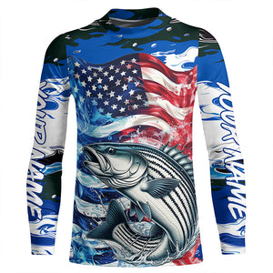 Custom American Flag Striped Bass Long Sleeve Fishing Shirts, Blue Camo Striper Fishing Jerseys IPHW6008