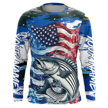 Load image into Gallery viewer, Custom American Flag Striped Bass Long Sleeve Fishing Shirts, Blue Camo Striper Fishing Jerseys IPHW6008