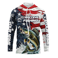 Load image into Gallery viewer, Personalized American Flag Walleye Long Sleeve Fishing Shirts, Patriotic Walleye Fishing Jerseys IPHW6010